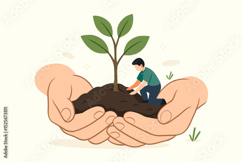 Hands holding soil where a tiny person plants a tree. Concept of environmental care, nature protection, sustainability, and growth. Vector illustration for Earth Day.