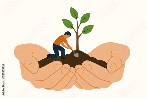 Hands holding soil with a tiny man planting a tree. Metaphor for environmental protection, nature conservation, sustainability, nurturing growth, ecology, and human care.