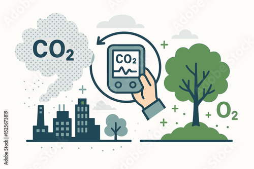 CO2 cycle vector illustration. Concept of carbon emissions from industry versus nature's photosynthesis. Hand monitoring air pollution. Climate change, ecology, carbon footprint.