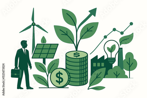 ESG investment strategy for sustainable business. Green finance concept with renewable energy. Economic growth, corporate responsibility, ecology, solar power, and wind turbine.