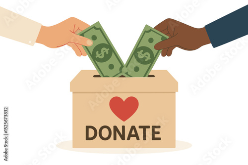 Diverse hands donating money to a charity box. Concept of fundraising, community support, and generosity. People giving cash for a good cause. Philanthropy and social help vector.