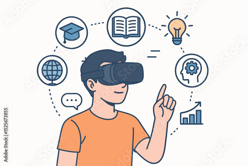 Virtual reality education concept. Student with VR headset in immersive e-learning environment. Modern technology for online school, knowledge, and futuristic study with learning icons.