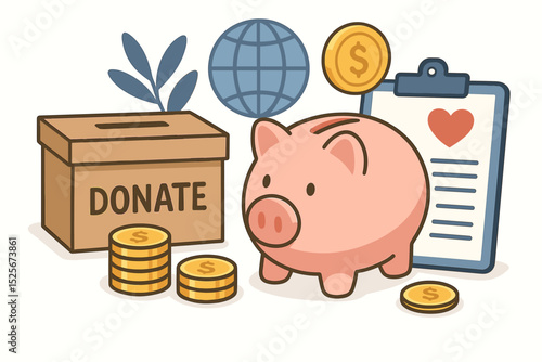 Fundraising and charity donation concept with piggy bank, money box, and coins. Global aid and philanthropy. Financial support for nonprofit organizations. Volunteering and social help.