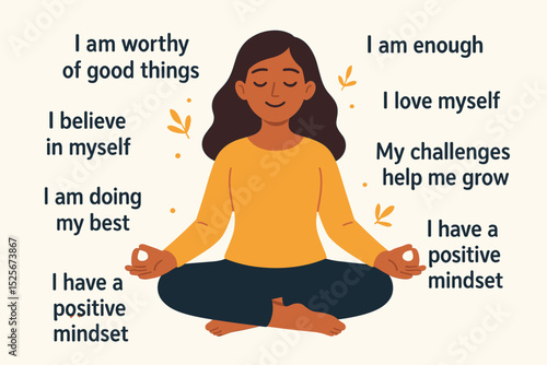 Woman meditating with positive affirmations for self-love and mental wellness. Mindfulness and yoga practice concept for developing a positive mindset. I am enough, I am worthy.
