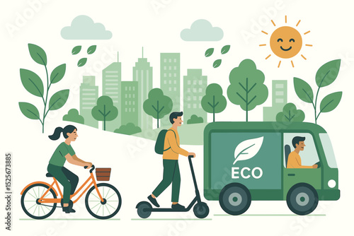 Eco friendly urban mobility illustration. Sustainable city transport concept. People riding electric scooter and bicycle. Green delivery van. Clean energy for a modern future city.