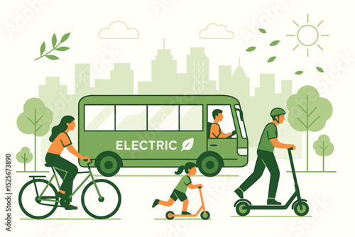 Eco friendly urban mobility. Sustainable city transport concept. People on bicycle, electric scooter. Public transport with electric bus. Green energy. Clean future. Family active lifestyle.