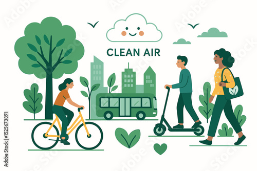 Sustainable urban mobility for clean air. Eco friendly transport concept with people riding bicycle, electric scooter, and walking. Green city lifestyle and ecology vector illustration.