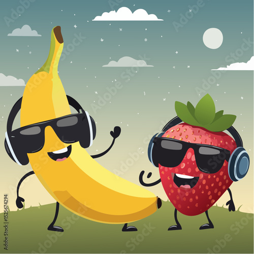 Fruit Characters – Banana with sunglasses, sleepy strawberry, grape with headphones.
