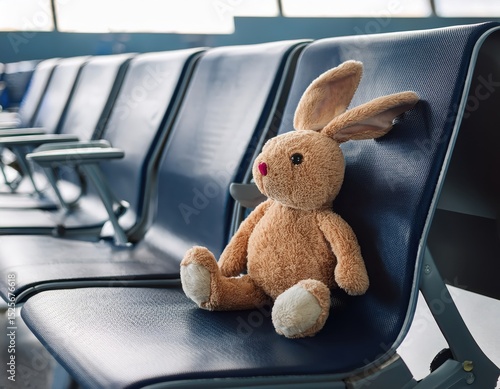 Soft stuffed bunny sits alone in an airport terminal waiting area with empty seats in the background during daylight hours Generative AI