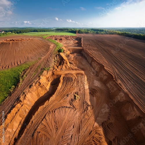 Landscaping transformation showcases newly carved earth with deep trenches in a rural setting during bright daytime Generative AI