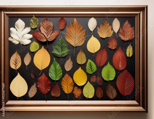 Display of assorted autumn leaves arranged in a framed collection highlighting nature's colors and textures from the forest Generative AI