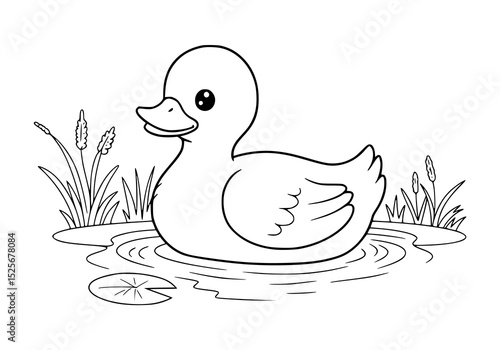 duck in pond illustration, coloring pages