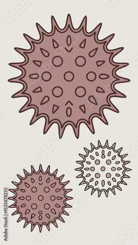 Abstract decorative design with spiked round elements in neutral earth tones