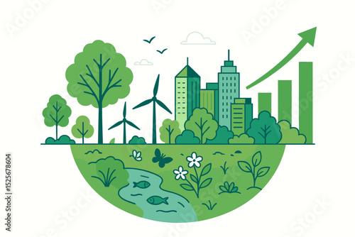 Eco-friendly urban growth and sustainable development vector. Green city with renewable energy, wind turbines, nature, biodiversity, and progress chart. Future ecology and investment concept.