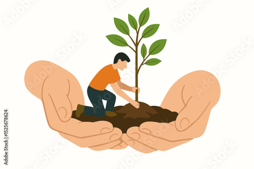 Tiny guardian of nature, man planting young tree in soil held by large caring hands. Concept for environmental protection, sustainability, growth, new life, nurturing the future, ecology.