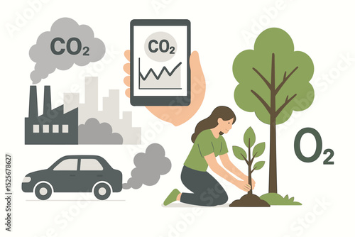CO2 emissions from factory & car versus O2 from tree planting. Woman's green initiative for urban sustainability. Smartphone app monitors pollution. Environmental protection, climate action concept.
