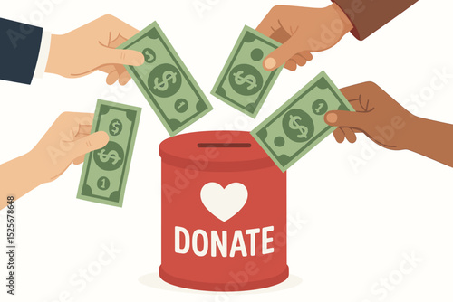 Charity donation concept. Hands putting dollar bills into red donation box. Fundraising generosity. Financial support for a cause. Philanthropy and community aid. Giving money to help people. Vector.