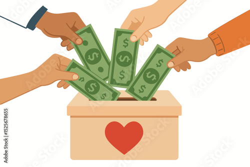Diverse hands donating money to charity box with heart symbol. Fundraising concept for support, community aid, philanthropy. People giving cash for a cause. Generosity vector art.