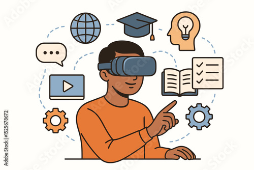 VR education concept. Student with virtual reality headset. Immersive e-learning. Interactive digital experience. Future technology. Online study. Global knowledge. Innovation. Training vector.