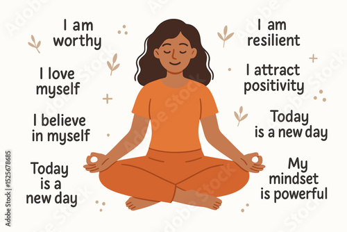 Meditation positive affirmations. Woman practicing mindfulness for self-love, resilience, powerful mindset. Inner peace. Attracting positivity. I am worthy. New day. Mental health vector.