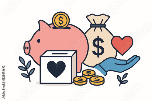 Piggy bank fundraising concept. Charity donation box, money bag, coins. Financial support, investment, savings. Philanthropy, community giving, crowdfunding. Generosity, help, support vector.