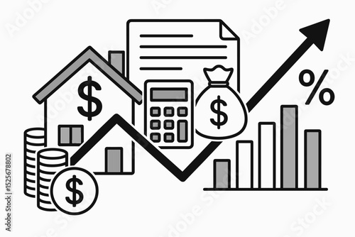 Real estate investment and housing market analysis concept. House price growth, property value increase, mortgage interest rates. Finance economy with chart, calculator and money.