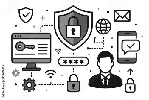 Cybersecurity concept vector illustration. Data protection, internet security, and network safety. User authentication, secure login, password access, and personal data privacy.