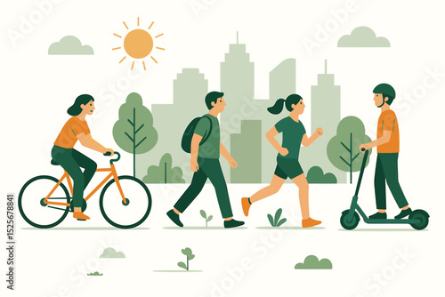 Sustainable urban mobility concept with people in a city park. Man walking, woman jogging, riding bicycle and electric scooter. Healthy active lifestyle and eco friendly transport.