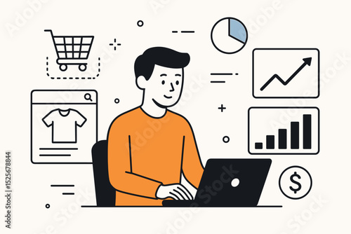 E-commerce data analysis concept. Man at laptop analyzing online shop sales performance with charts and graphs. Vector illustration for business intelligence and financial growth.