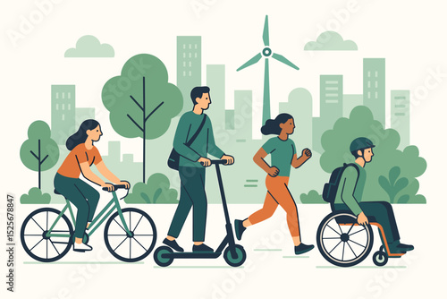 Sustainable urban mobility concept with diverse people in a green city. Inclusive community with woman on bicycle, man on e-scooter, jogger, and person in wheelchair. Vector.