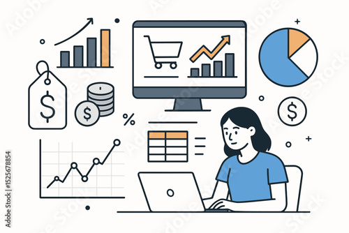 E-commerce data analysis concept. Businesswoman works on laptop with financial report. Infographic with chart, graph for marketing strategy and online sales performance vector.