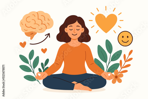 Mental health and wellness concept. Woman meditating in yoga lotus pose. Mindfulness, relaxation, positive psychology. Self-care, self-love, harmony, and emotional balance.