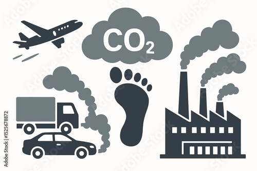 Carbon footprint icon set. CO2 emissions sources concept. Environmental pollution from transport like car, truck, airplane and industry factory. Global warming, climate change vector.