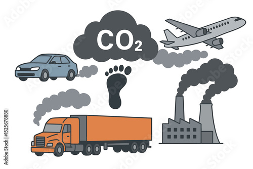 Carbon footprint concept with CO2 emission sources. Air pollution vector icon set from transport and industry. Car, truck, airplane, and factory emitting exhaust smoke and gas.