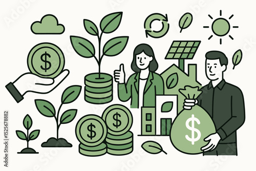 Eco friendly investment and green business concept. Sustainable finance with people investing in renewable energy. ESG, environment, and ecology for financial growth and profit.