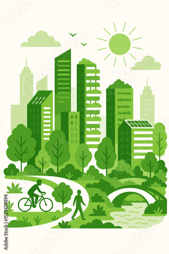 Green city vector illustration. Sustainable urban landscape with eco friendly buildings and a park. Concept for ecology, healthy lifestyle, and renewable energy with solar panels.