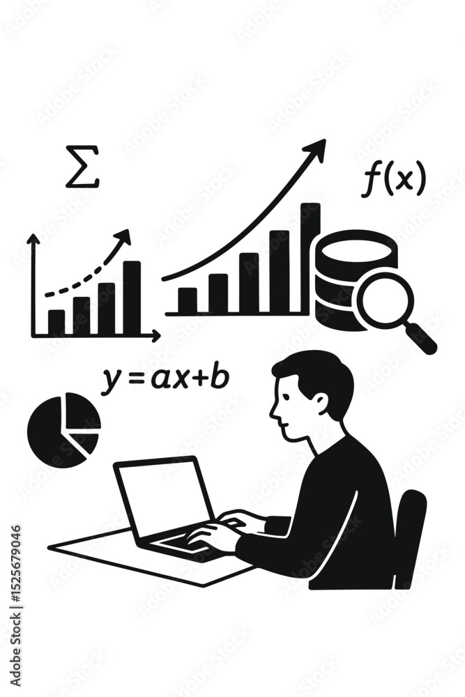 Data science and predictive analytics concept. Analyst working on laptop with charts, graphs and math formulas. Vector icon set for business intelligence and financial forecasting. Data science and predictive analytics concept. Analyst working on laptop with charts, graphs and math formulas. Vector icon set for business intelligence and financial forecasting.