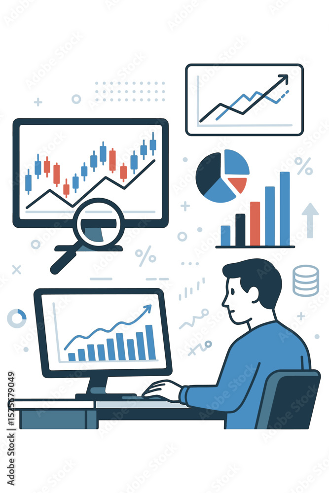 Financial analyst at computer monitor with dashboard. Man trading stocks, analyzing candlestick charts. Business data analysis for investment growth and market research vector. Financial analyst at computer monitor with dashboard. Man trading stocks, analyzing candlestick charts. Business data analysis for investment growth and market research vector.
