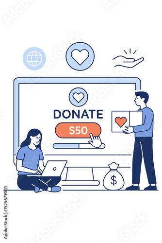 Online donation and charity fundraising concept. People contributing money via computer website for a social cause. Volunteers giving support and help to a nonprofit foundation.