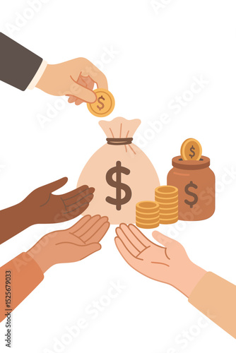 Helping hands concept for donation and charity. Rich hand gives money to poor people. Fundraising campaign for social support. Financial aid, investment, and crowdfunding vector.
