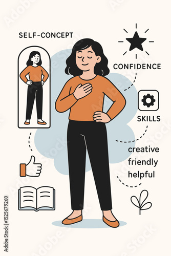 Positive mindset and personal growth concept. Woman developing self-concept, confidence, and skills. Mental health, self-love, and self-esteem vector infographic illustration.