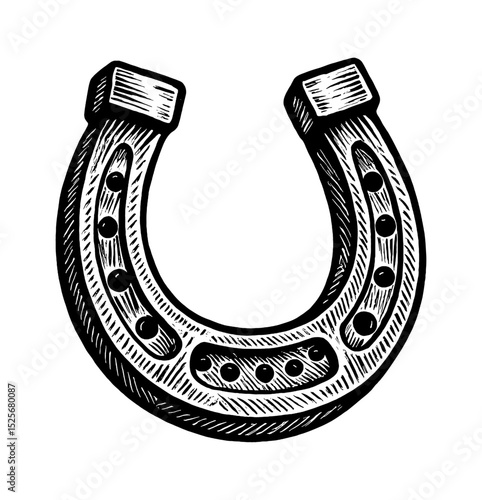 Detailed Engraved Illustration of a Horseshoe in Black and White on White Background