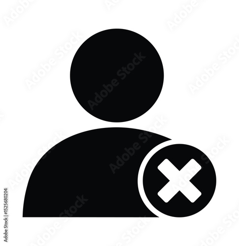 Simple pictogram icon: A person symbol overlaid with a red 'X' mark. Represents deleting a user, removing an account, or cancelling a profile. Concept for user management, termination