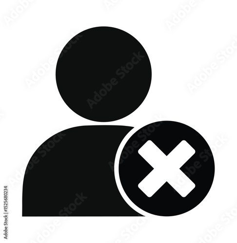 Simple pictogram icon: A person symbol overlaid with a red 'X' mark. Represents deleting a user, removing an account, or cancelling a profile. Concept for user management, termination