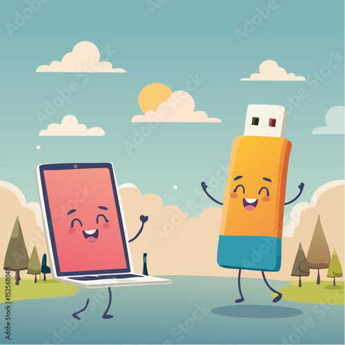 Tech Buddies – A happy phone, sleepy laptop, dancing USB stick.
