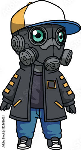 Chibi Robot in Streetwear with Gas Mask Illustration