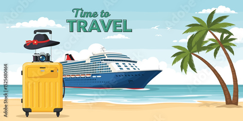 Vector set of summer travel background. For banners, posters, cover design templates, social media stories wallpapers. Tropical seashore with palm trees, cruise ship and suitcase. Time to travel