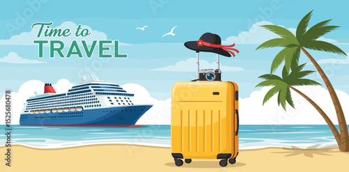 Vector set of summer travel background. For banners, posters, cover design templates, social media stories wallpapers. Tropical seashore with palm trees, cruise ship and suitcase. Time to travel