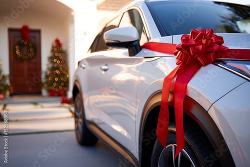 Silver SUV with Red Bow in Residential Driveway