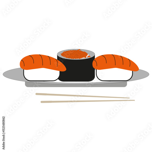 Sushi food vector. Salmon nigiri pair. Rice roll icon. Gray plate serving.